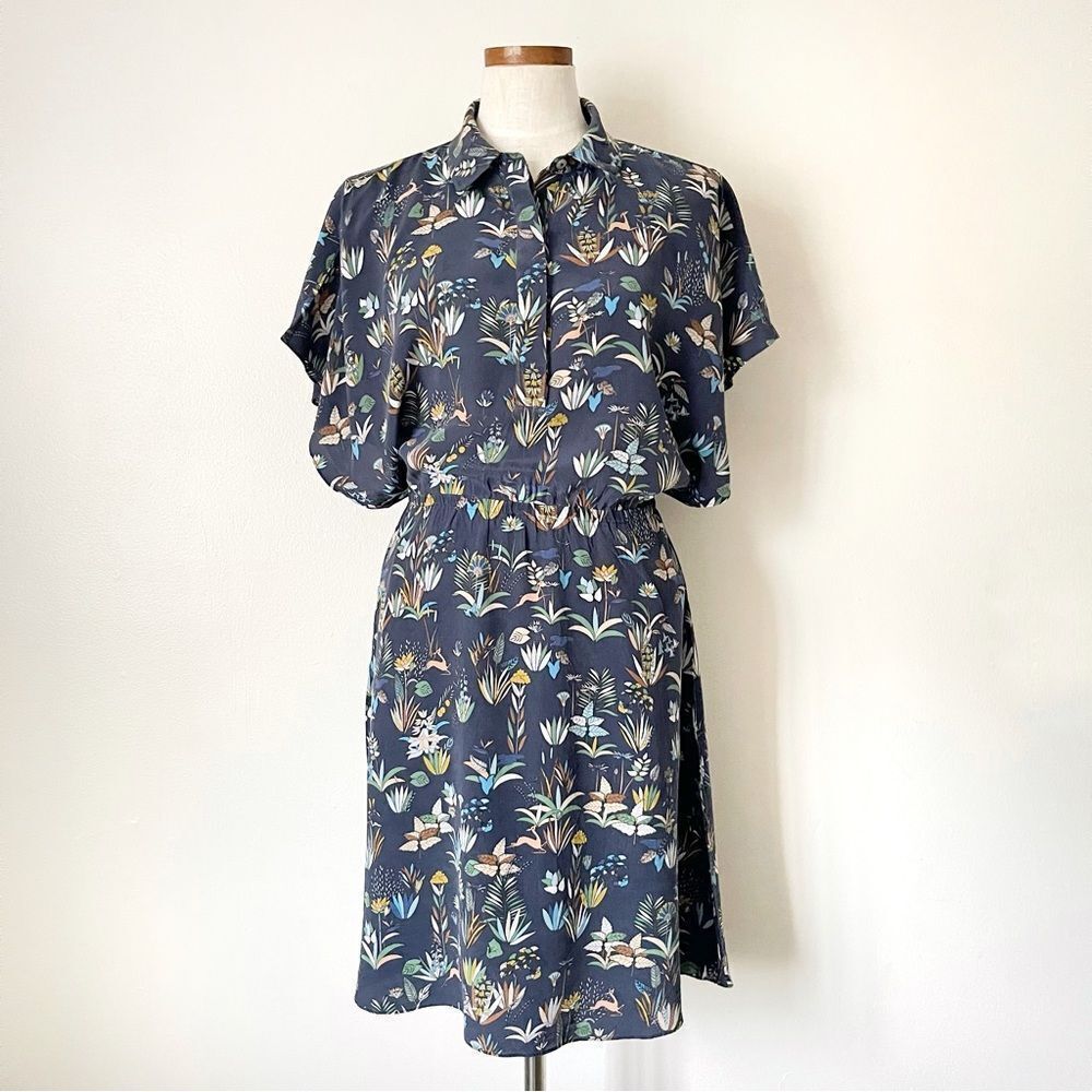 Tory Burch Blue Printed Shirt Dress Size Small 100% Silk preowned